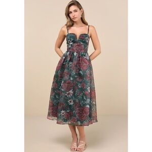 Lulu Cherished Aura Green Floral Organza Bustier Pockets Midi Dress NWT XL
